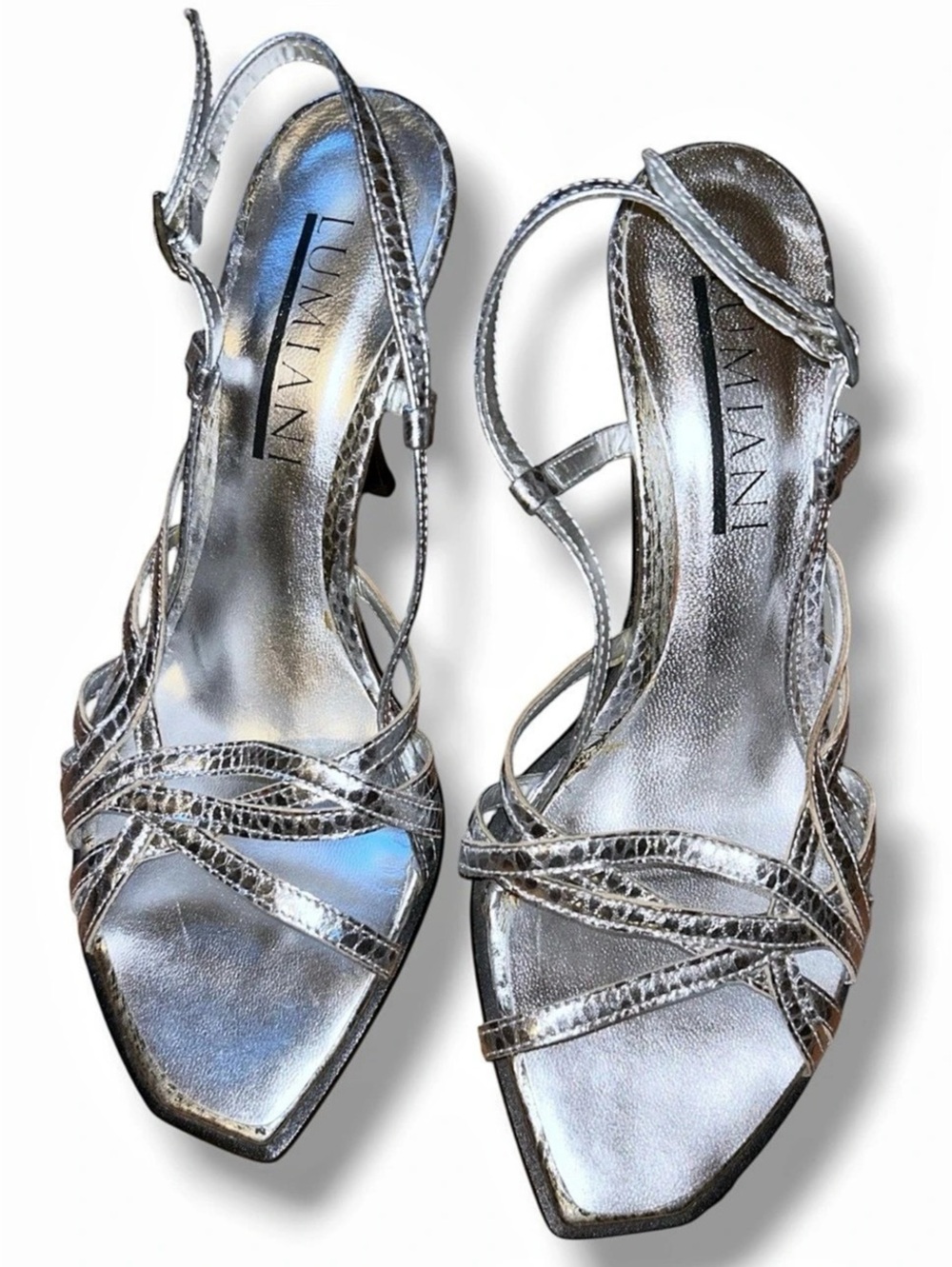 LUMIANI Silver Metallic Strappy Heels Slingback Square Toe Formal Snakeskin 7.5